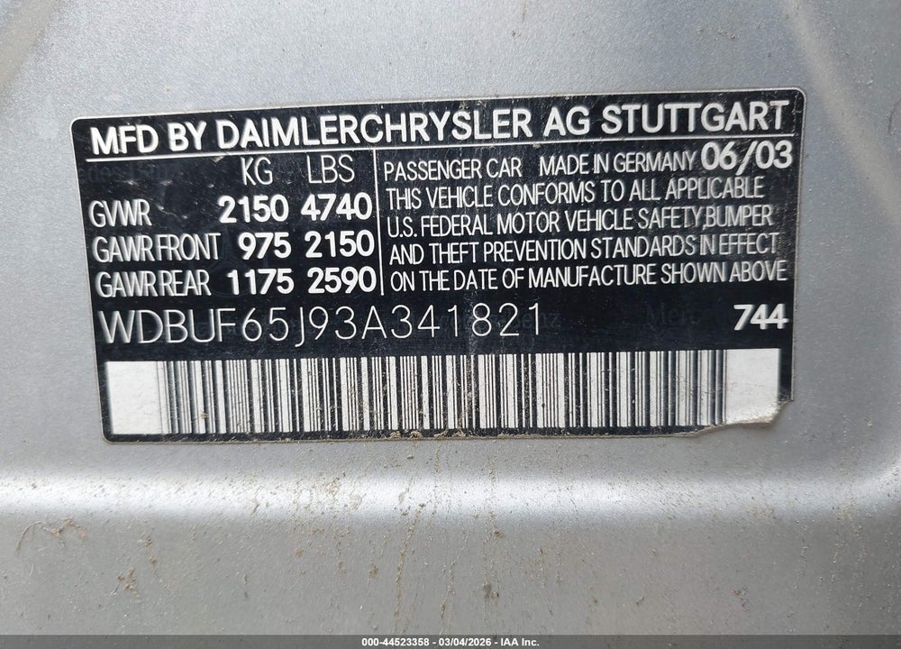 2003 MERCEDES-BENZ E 320 VIN: WDBUF65J93A341821