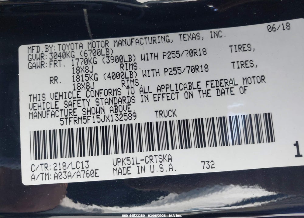 2018 TOYOTA TUNDRA SR 4.6L V8 VIN: 5TFRM5F15JX132589