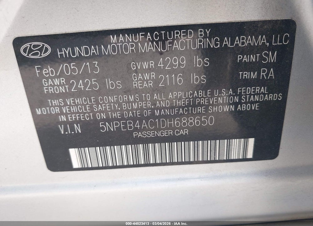 2013 HYUNDAI SONATA GLS VIN: 5NPEB4AC1DH688650