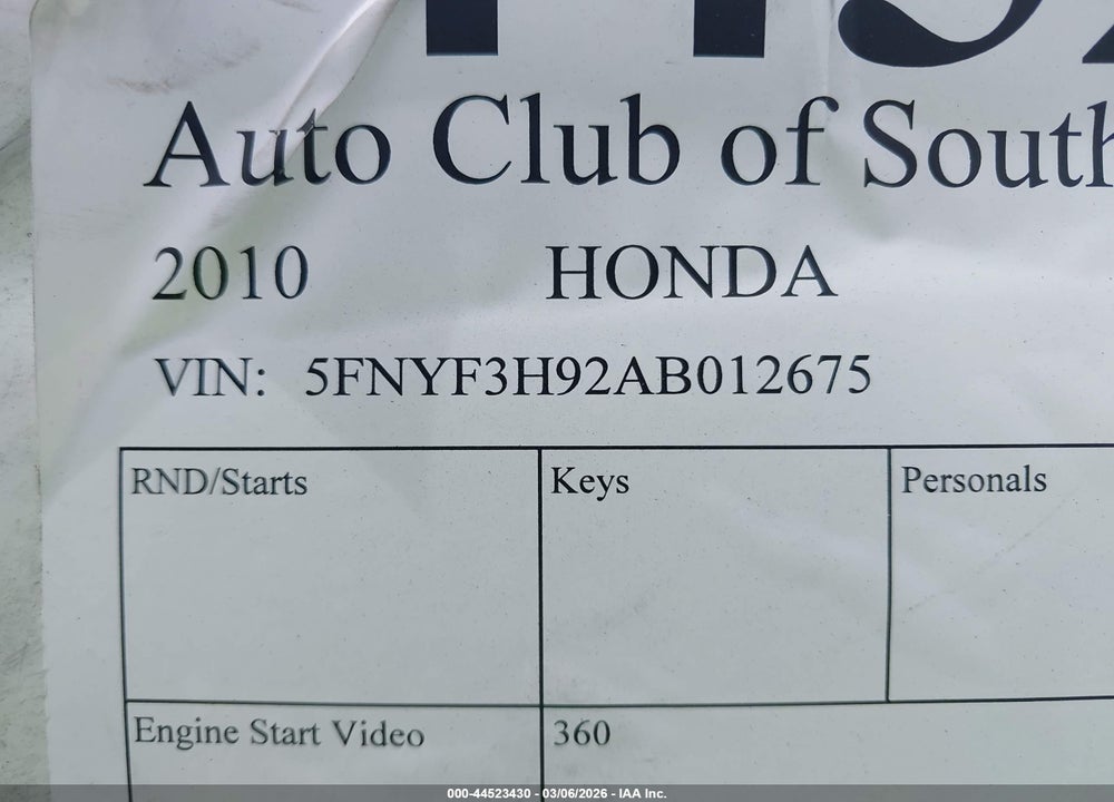 2010 HONDA PILOT TOURING VIN: 5FNYF3H92AB012675