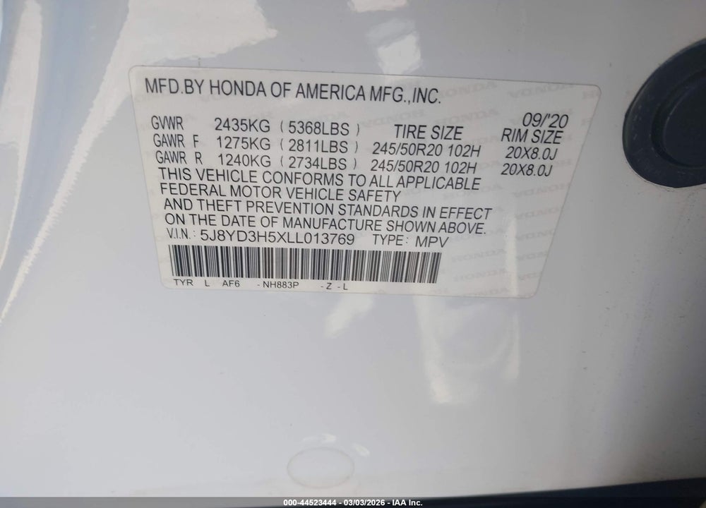 2020 ACURA MDX TECHNOLOGY PACKAGE VIN: 5J8YD3H5XLL013769