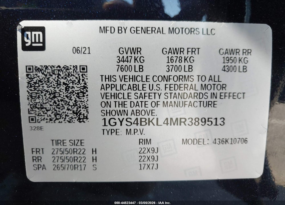 2021 CADILLAC ESCALADE 4WD PREMIUM LUXURY VIN: 1GYS4BKL4MR389513