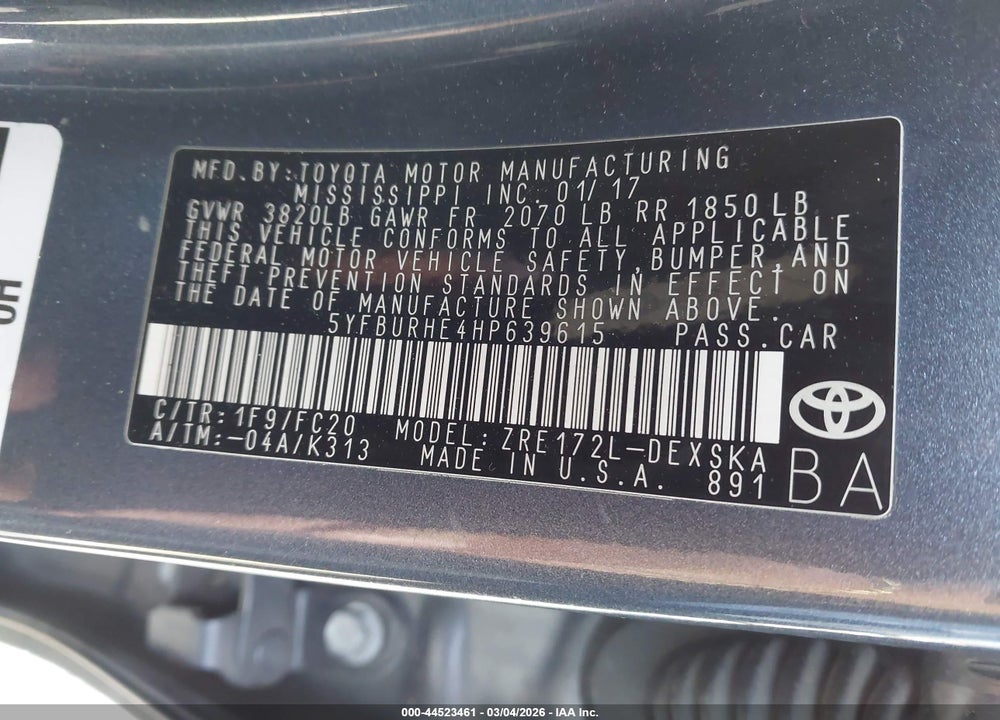 2017 TOYOTA COROLLA VIN: 5YFBURHE4HP639615
