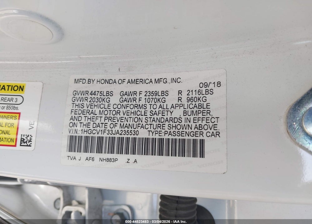 2018 HONDA ACCORD SPORT VIN: 1HGCV1F33JA235530