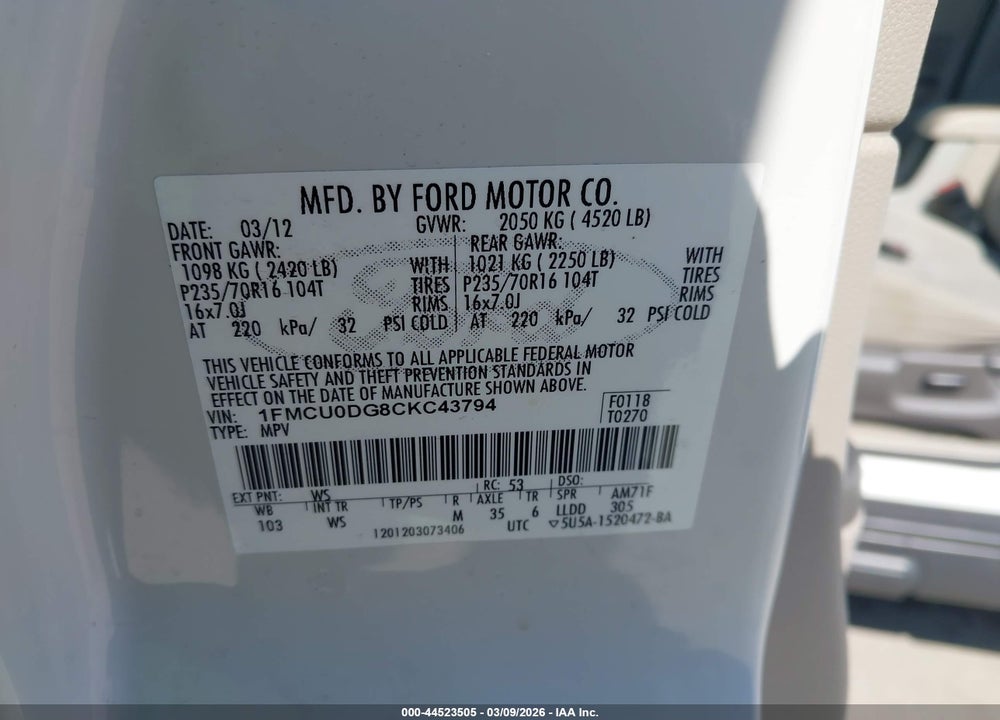 2012 FORD ESCAPE XLT VIN: 1FMCU0DG8CKC43794