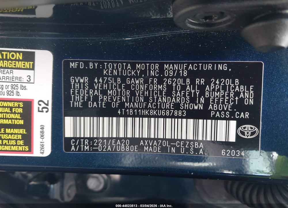 2019 TOYOTA CAMRY SE VIN: 4T1B11HK8KU687883