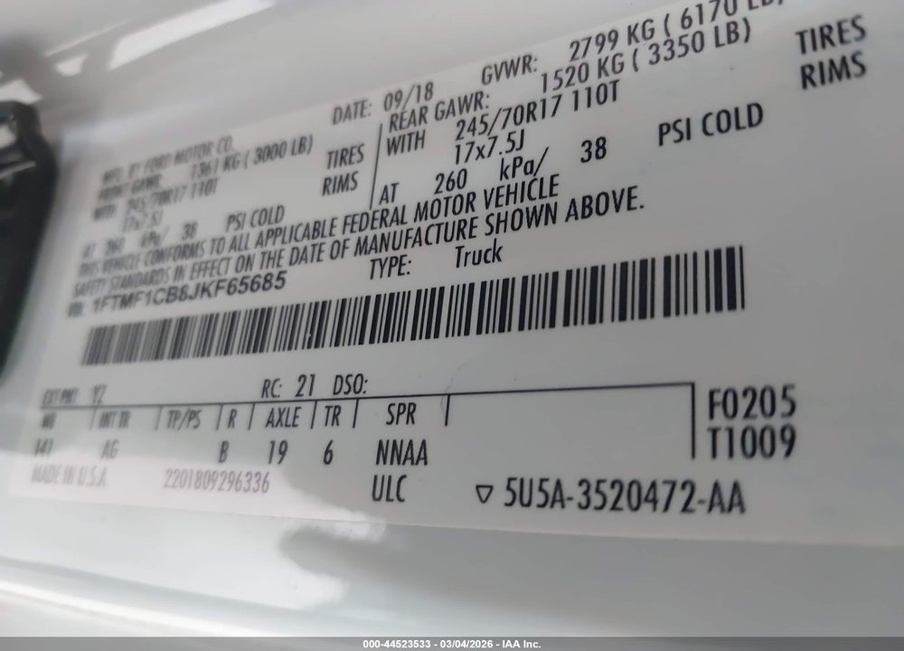 2018 FORD F-150 XL VIN: 1FTMF1CB8JKF65685