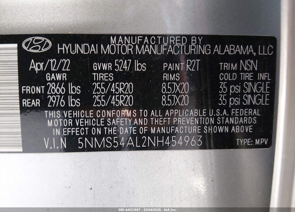 2022 HYUNDAI SANTA FE CALLIGRAPHY VIN: 5NMS54AL2NH454963