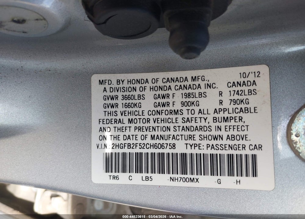 2012 HONDA CIVIC LX VIN: 2HGFB2F52CH606758
