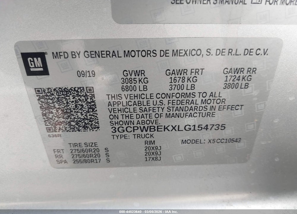 2020 CHEVROLET SILVERADO 1500 2WD  SHORT BED CUSTOM VIN: 3GCPWBEKXLG154735