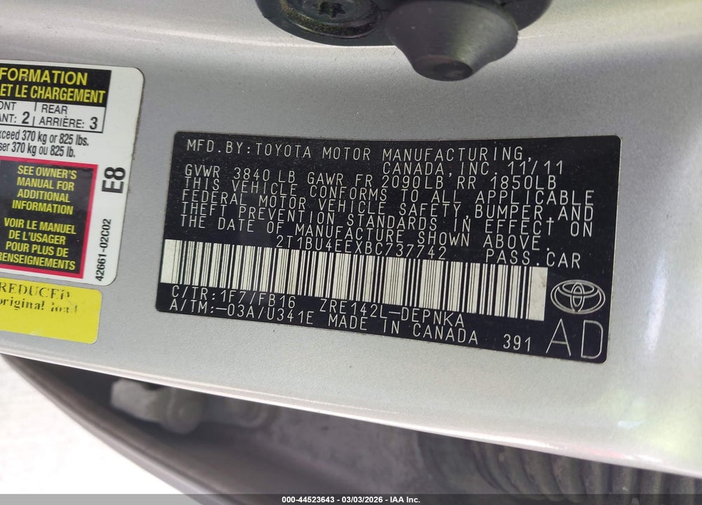 2011 TOYOTA COROLLA LE VIN: 2T1BU4EEXBC737742
