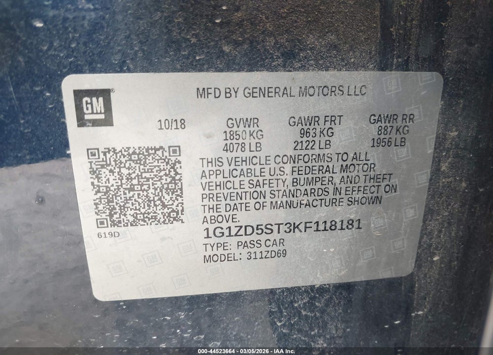 2019 CHEVROLET MALIBU LT VIN: 1G1ZD5ST3KF118181
