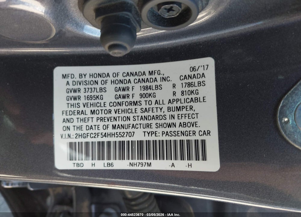 2017 HONDA CIVIC LX VIN: 2HGFC2F54HH552707