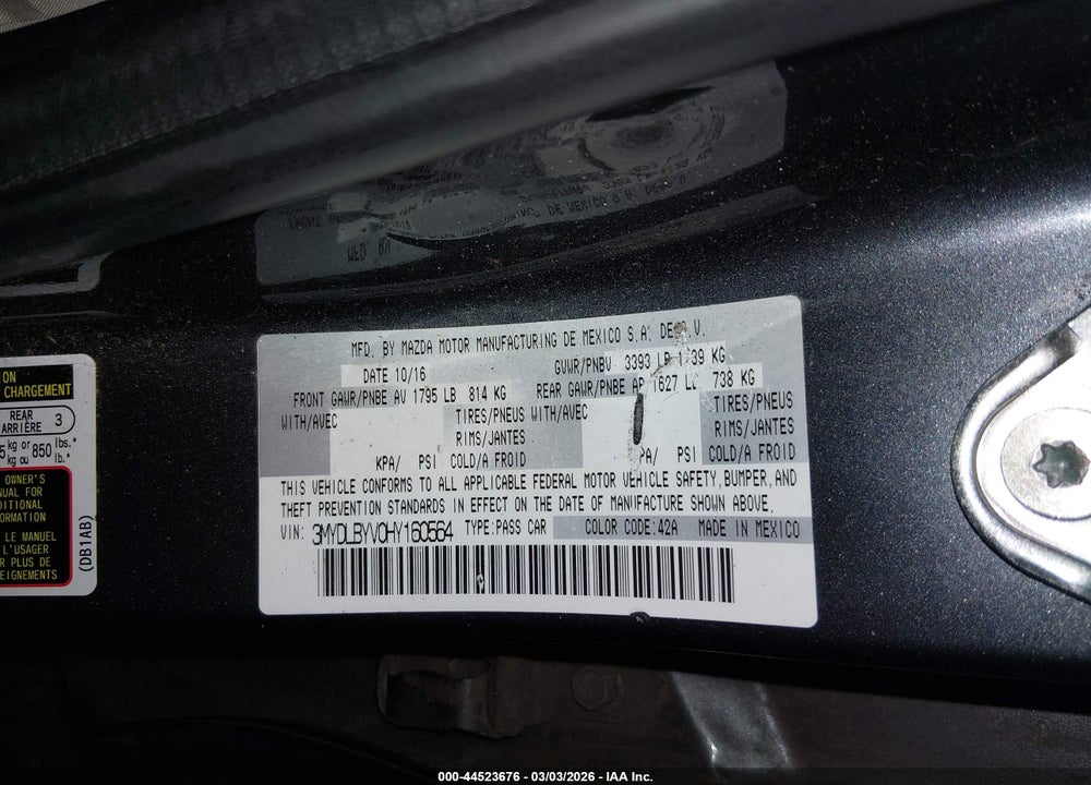2017 TOYOTA YARIS IA VIN: 3MYDLBYV0HY160564