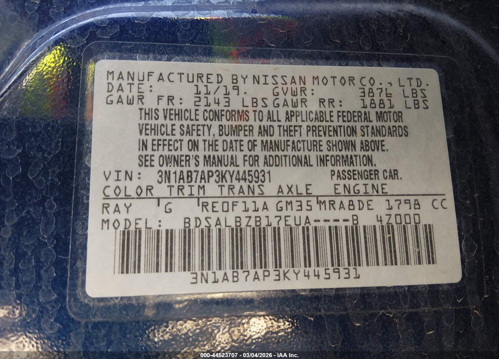 2019 NISSAN SENTRA S VIN: 3N1AB7AP3KY445931