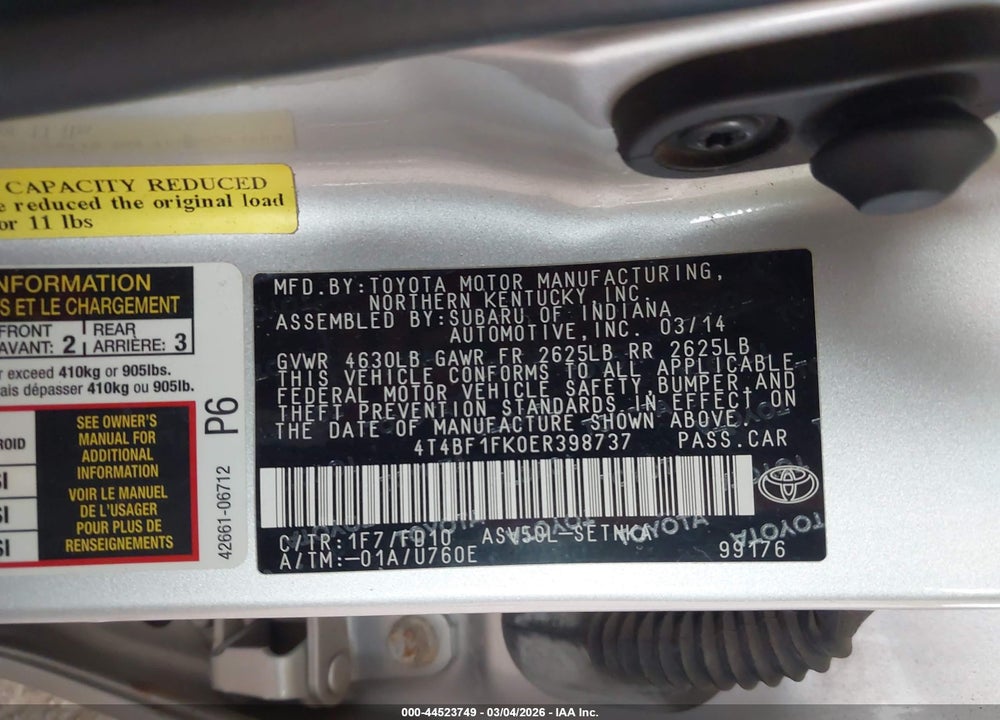 2014 TOYOTA CAMRY LE VIN: 4T4BF1FK0ER398737