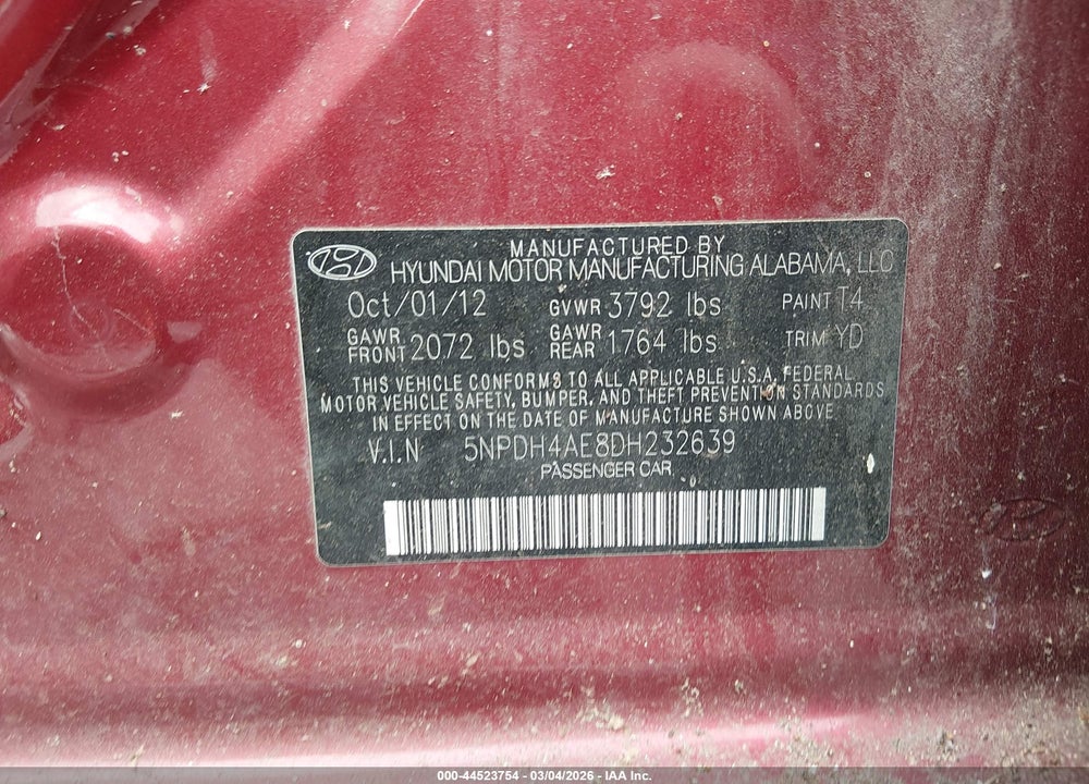 2013 HYUNDAI ELANTRA GLS VIN: 5NPDH4AE8DH232639