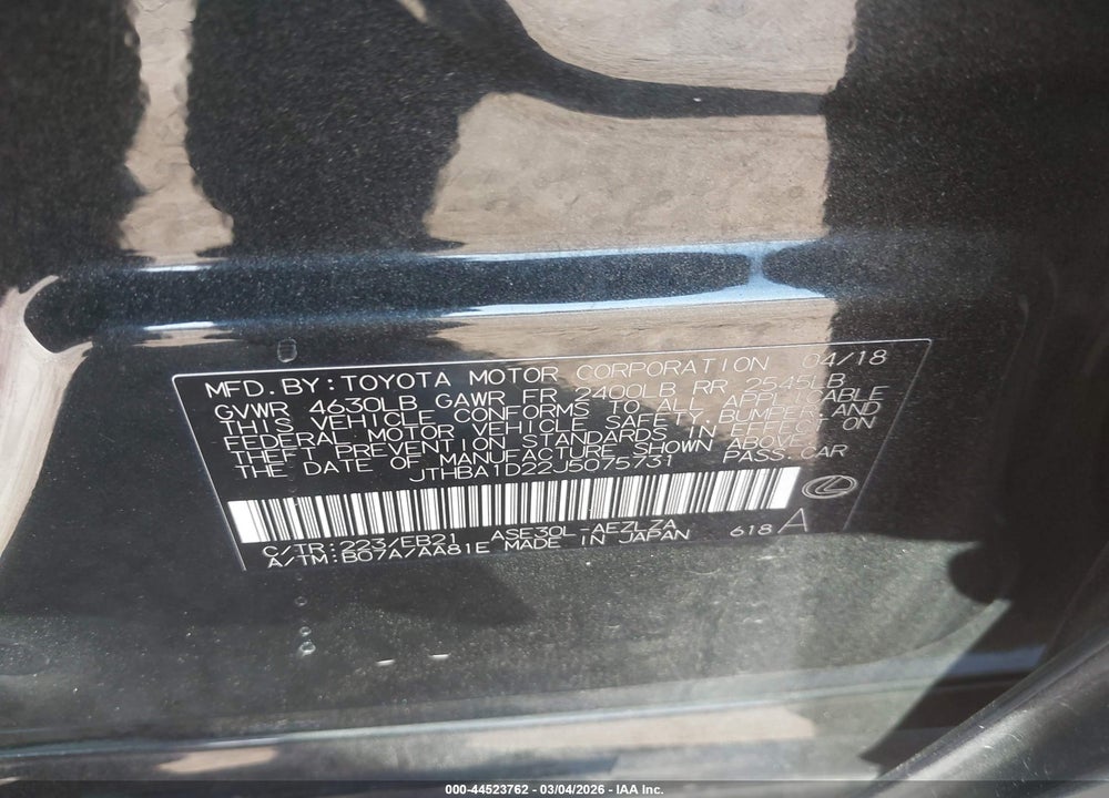 2018 LEXUS IS 300 VIN: JTHBA1D22J5075731