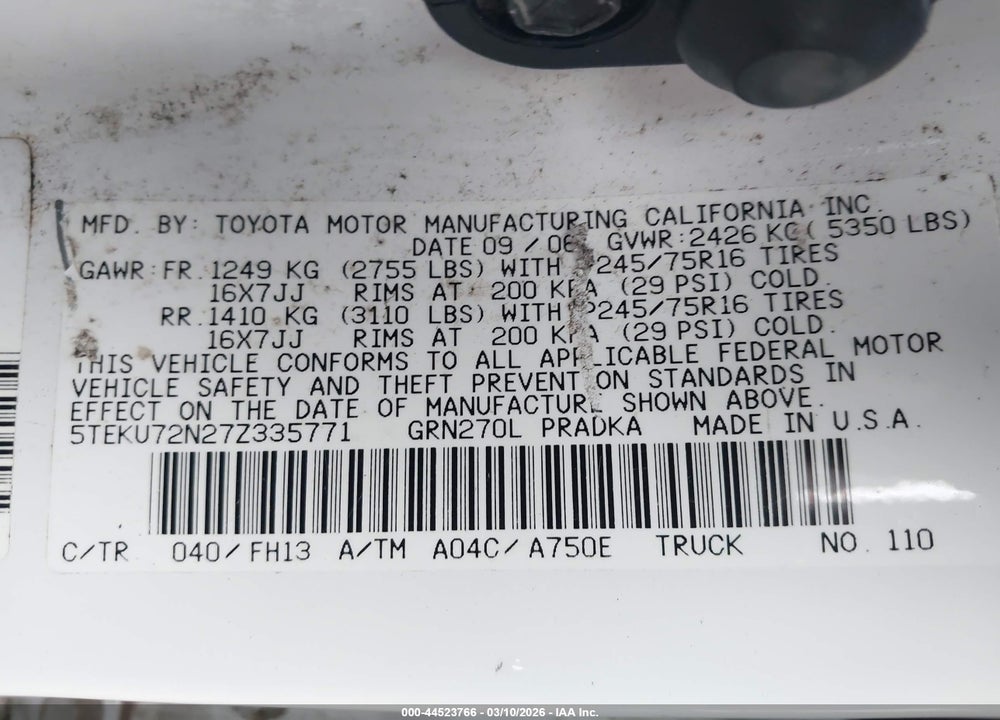 2007 TOYOTA TACOMA PRERUNNER V6 VIN: 5TEKU72N27Z335771