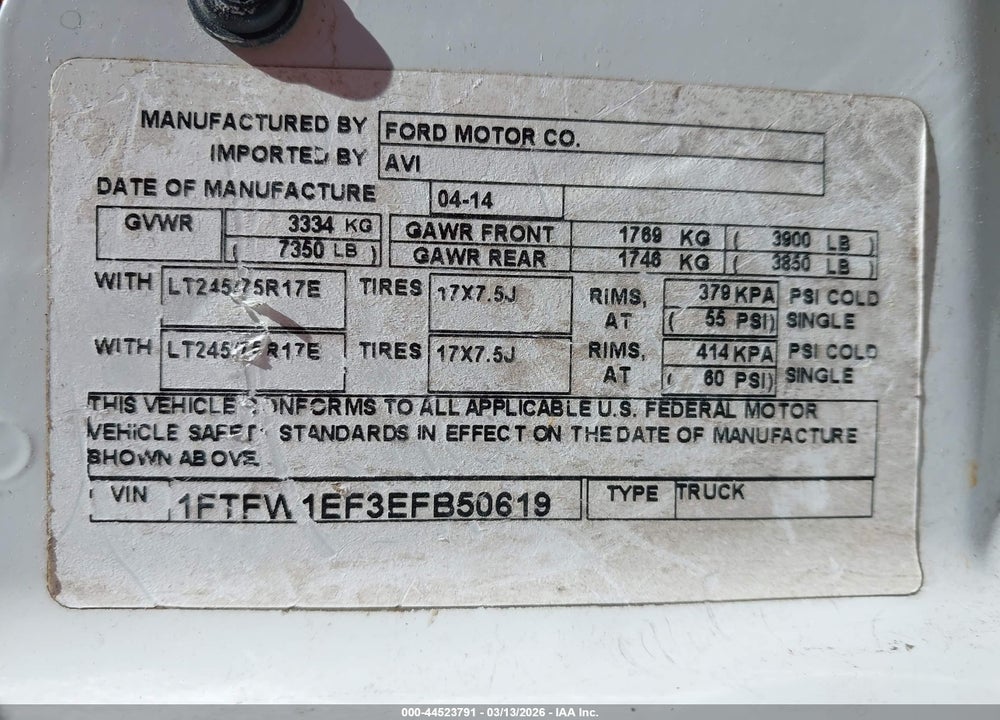 2014 FORD F-150 XLT VIN: 1FTFW1EF3EFB50619