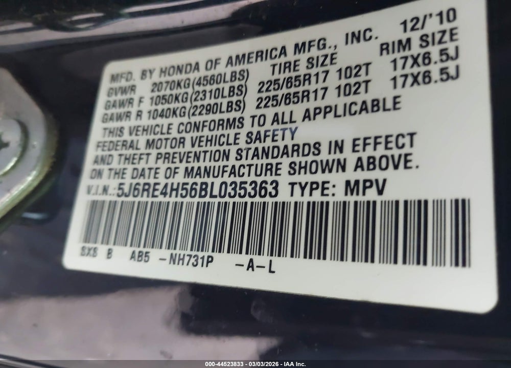 2011 HONDA CR-V EX VIN: 5J6RE4H56BL035363