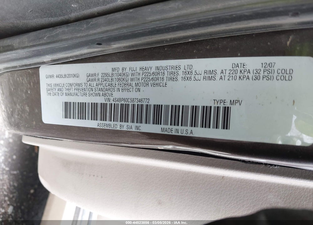2008 SUBARU OUTBACK VIN: 4S4BP60C587346772