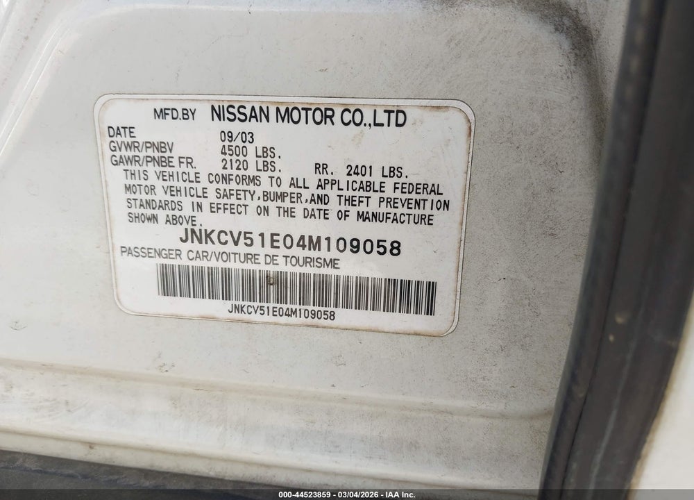 2004 INFINITI G35 VIN: JNKCV51E04M109058
