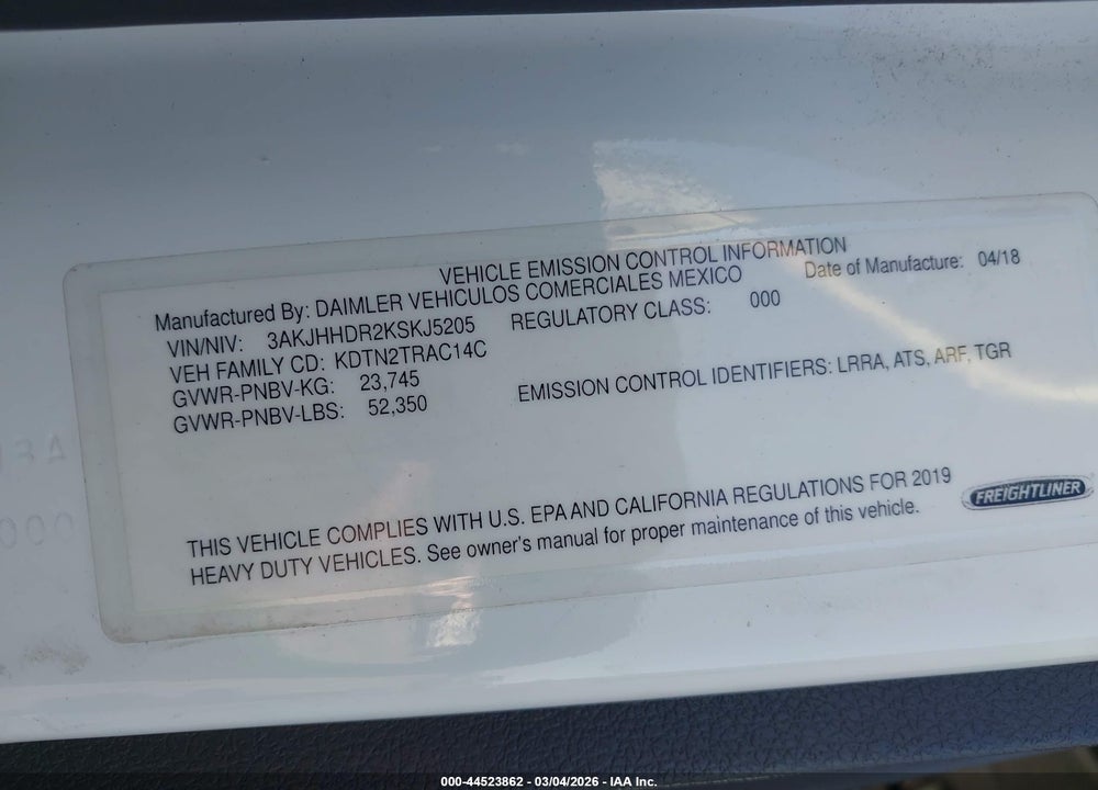 2019 FREIGHTLINER NEW CASCADIA 126 VIN: 3AKJHHDR2KSKJ5205