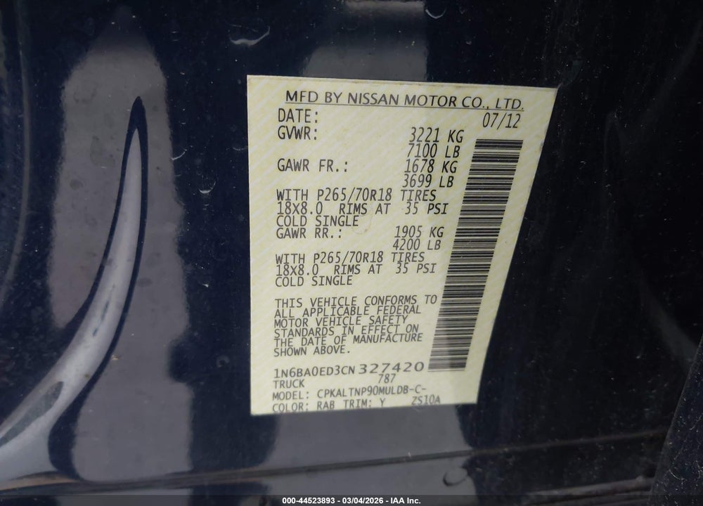 2012 NISSAN TITAN SV VIN: 1N6BA0ED3CN327420