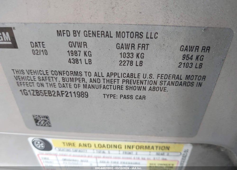 2010 CHEVROLET MALIBU LS VIN: 1G1ZB5EB2AF211989