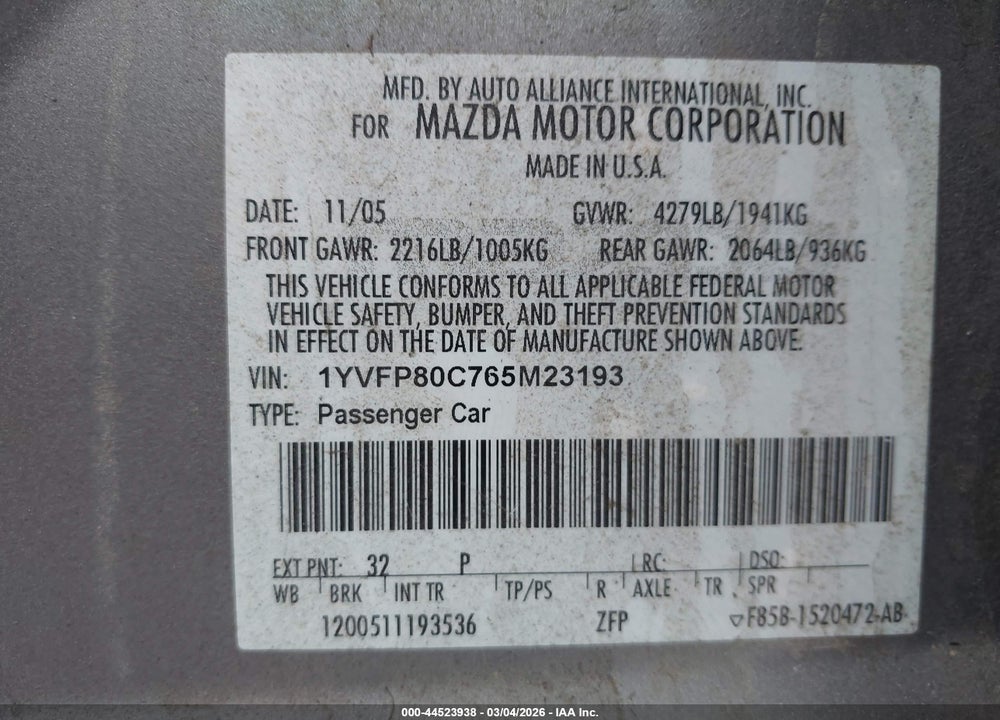 2006 MAZDA 6 I VIN: 1YVFP80C765M23193