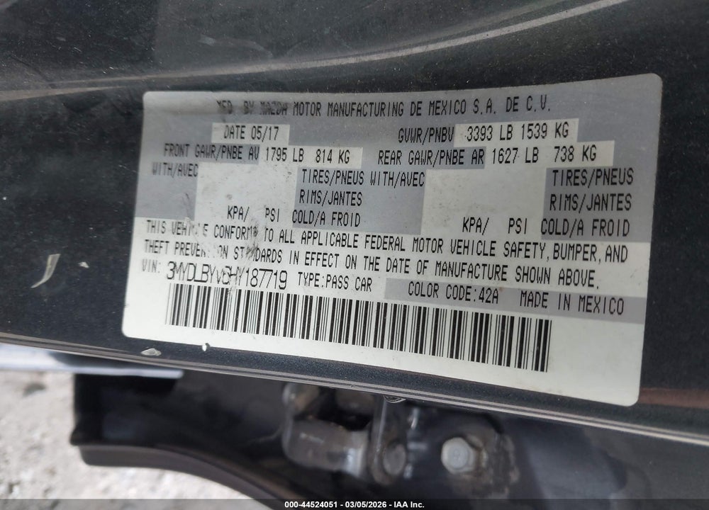 2017 TOYOTA YARIS IA VIN: 3MYDLBYV6HY187719
