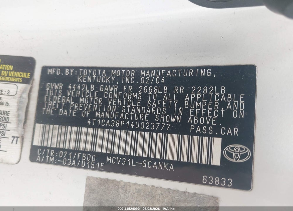 2004 TOYOTA CAMRY SOLARA SE V6 VIN: 4T1CA38P14U023777