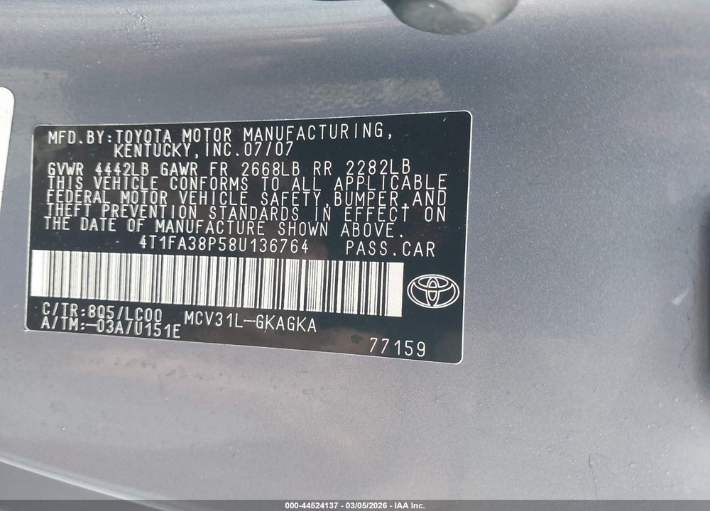 2008 TOYOTA CAMRY SOLARA SLE VIN: 4T1FA38P58U136764