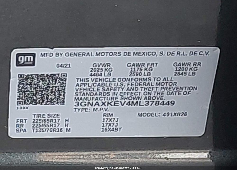2021 CHEVROLET EQUINOX FWD LT VIN: 3GNAXKEV4ML378449