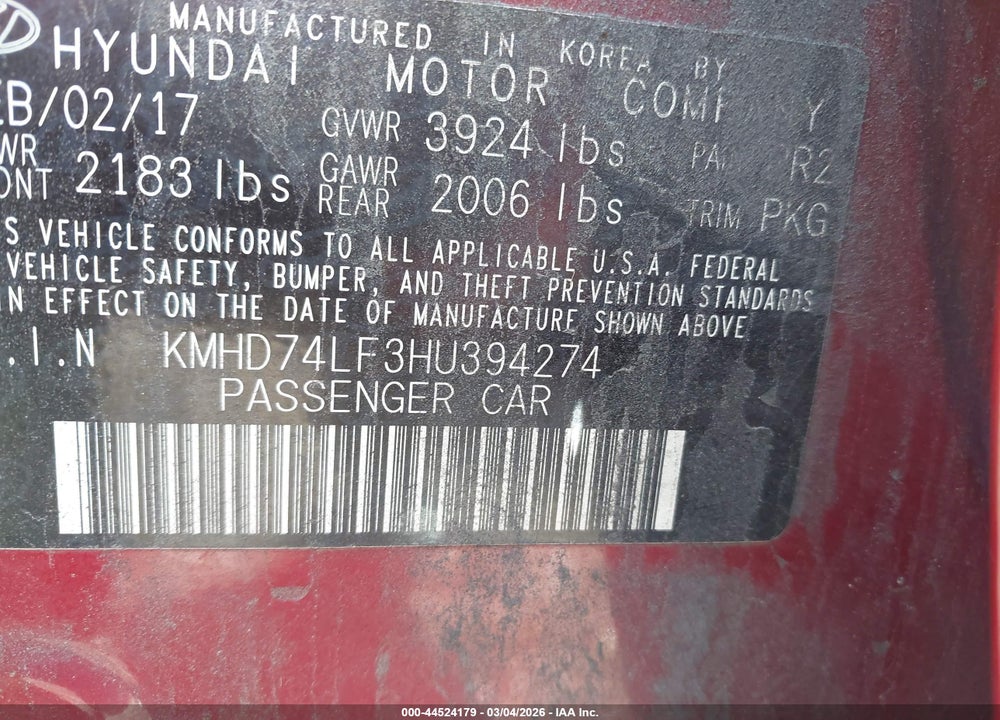2017 HYUNDAI ELANTRA SE VIN: KMHD74LF3HU394274