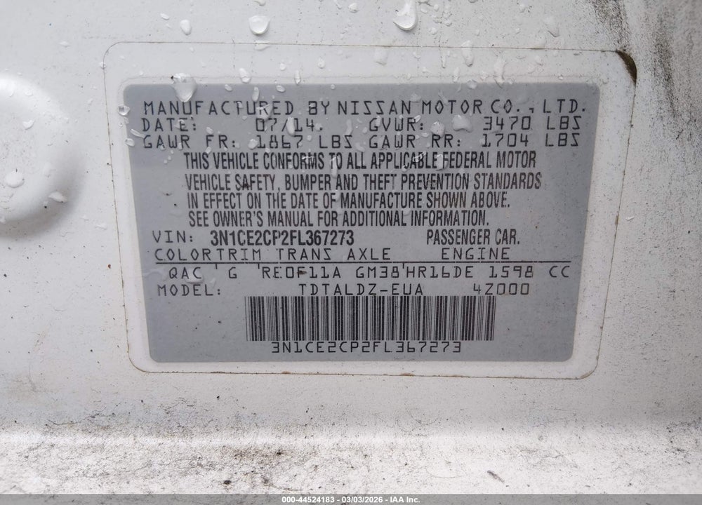 2015 NISSAN VERSA NOTE S (SR)/S PLUS/SL/SR/SV VIN: 3N1CE2CP2FL367273