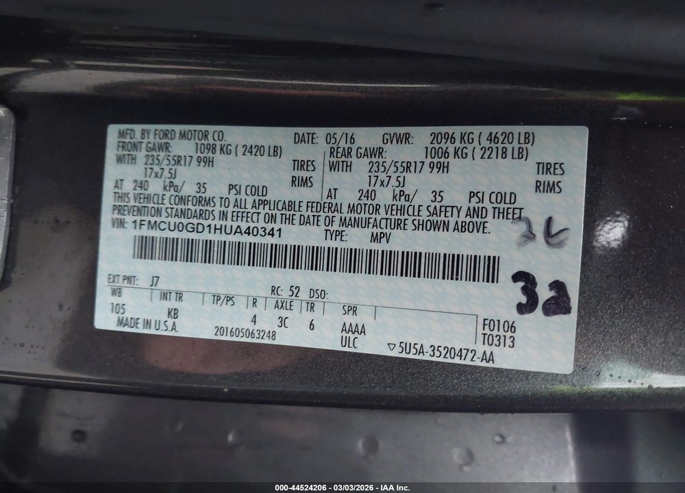 2017 FORD ESCAPE SE VIN: 1FMCU0GD1HUA40341