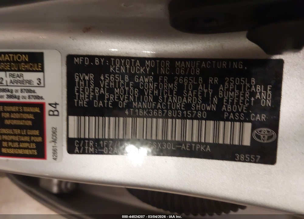 2008 TOYOTA AVALON LIMITED VIN: 4T1BK36B78U315780