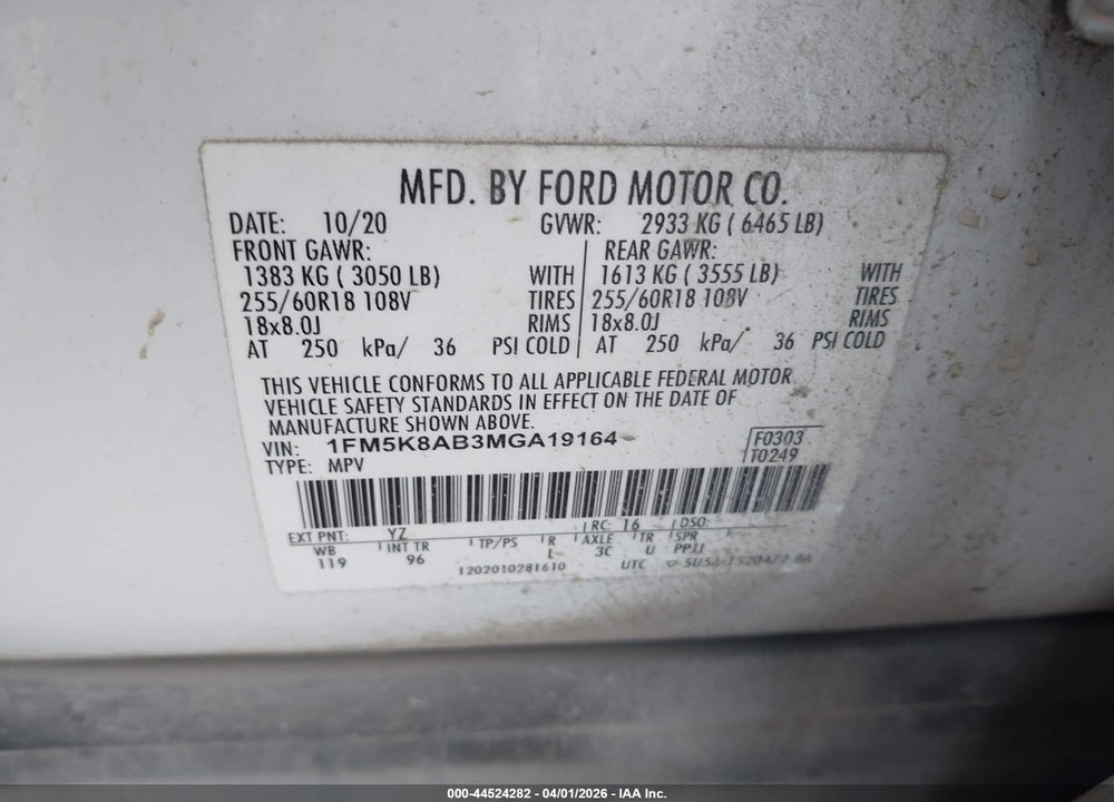 2021 FORD POLICE INTERCEPTOR UTILITY VIN: 1FM5K8AB3MGA19164