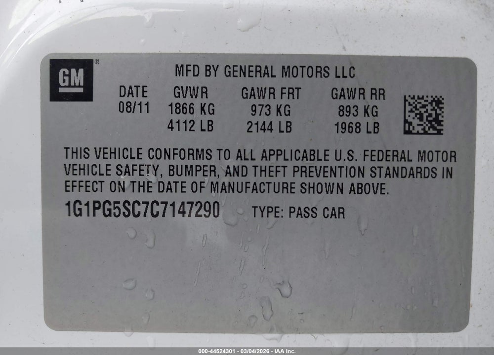 2012 CHEVROLET CRUZE 2LT VIN: 1G1PG5SC7C7147290