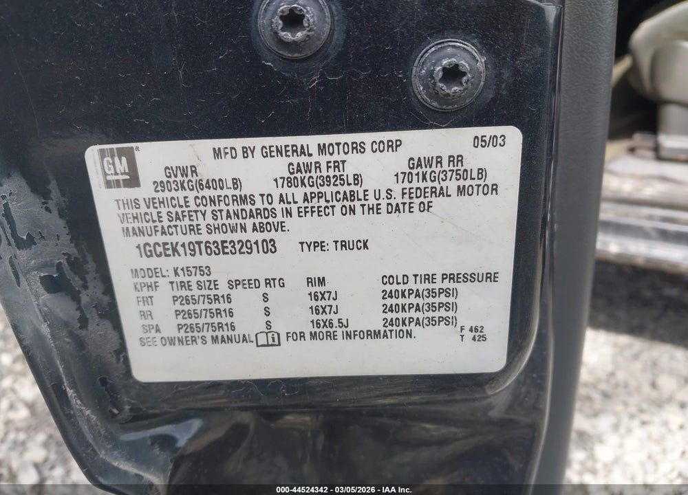 2003 CHEVROLET SILVERADO 1500 LS VIN: 1GCEK19T63E329103