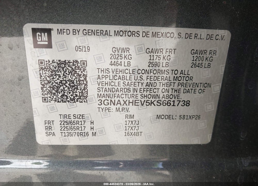 2019 CHEVROLET EQUINOX LS VIN: 3GNAXHEV5KS661738