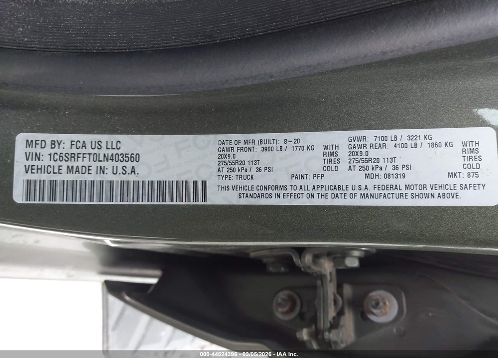 2020 RAM 1500 BIG HORN  4X4 5'7 BOX VIN: 1C6SRFFT0LN403560