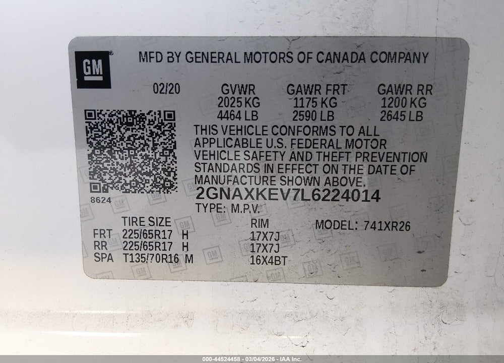 2020 CHEVROLET EQUINOX FWD LT 1.5L TURBO VIN: 2GNAXKEV7L6224014