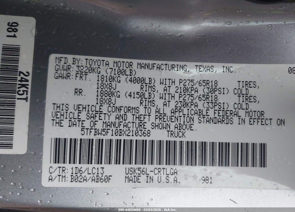 2011 TOYOTA TUNDRA LIMITED 5.7L V8 VIN: 5TFBW5F10BX210368