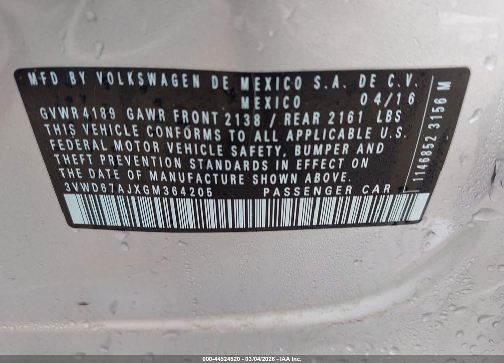 2016 VOLKSWAGEN JETTA 1.4T SE VIN: 3VWD67AJXGM364205