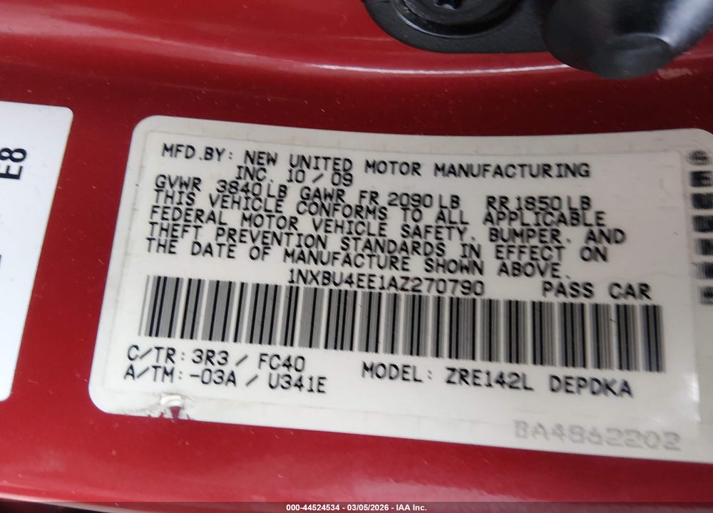 2010 TOYOTA COROLLA LE VIN: 1NXBU4EE1AZ270790