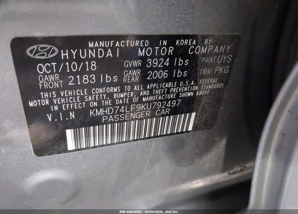 2019 HYUNDAI ELANTRA SE VIN: KMHD74LF9KU792497