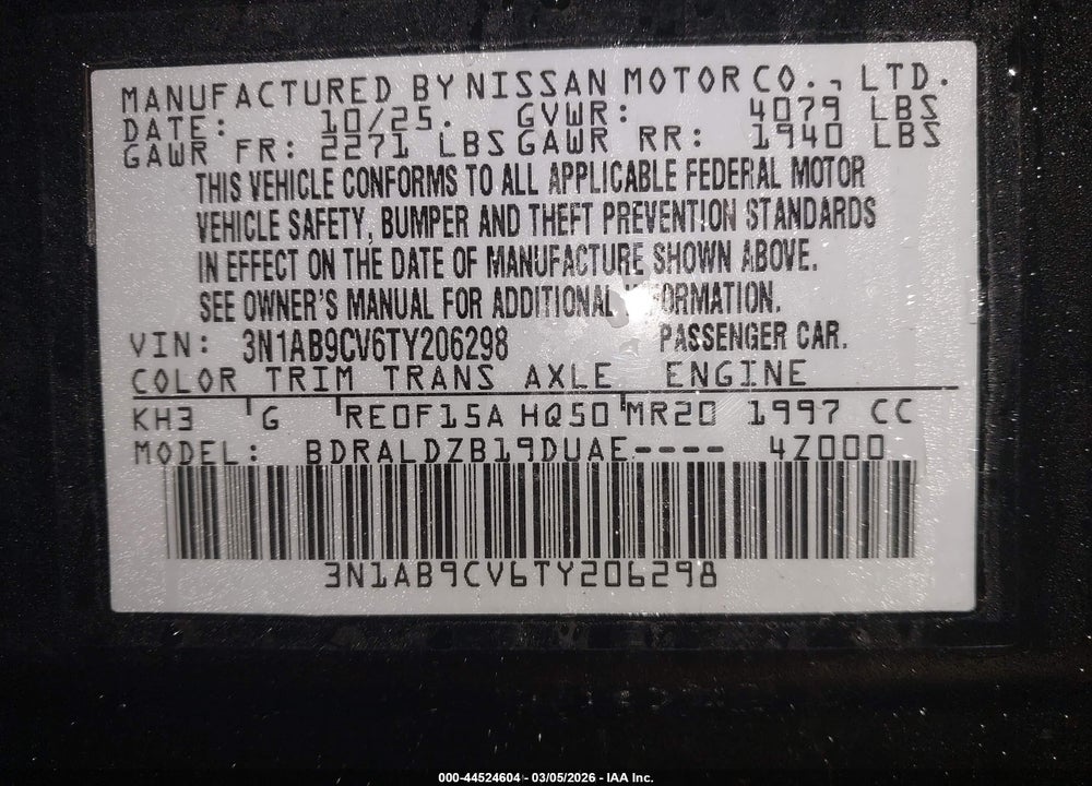 2026 NISSAN SENTRA SV VIN: 3N1AB9CV6TY206298